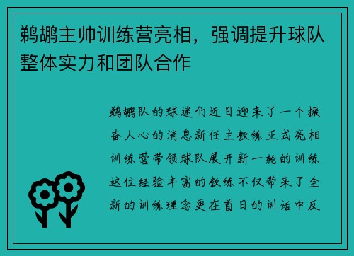 鹈鹕主帅训练营亮相，强调提升球队整体实力和团队合作